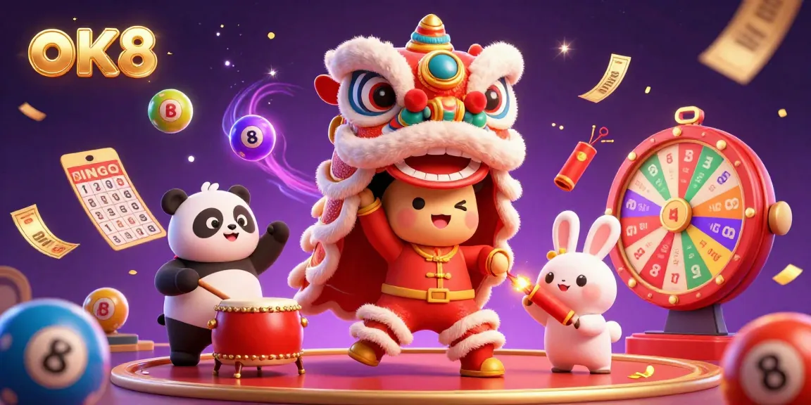 Engage with ok8's exciting online casino features, showcasing vibrant lottery balls and dynamic character interaction.