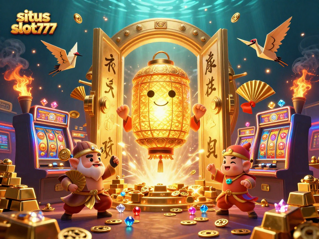 Win big at situs slot777 with a vibrant casino scene filled with slot machines and glowing treasures.