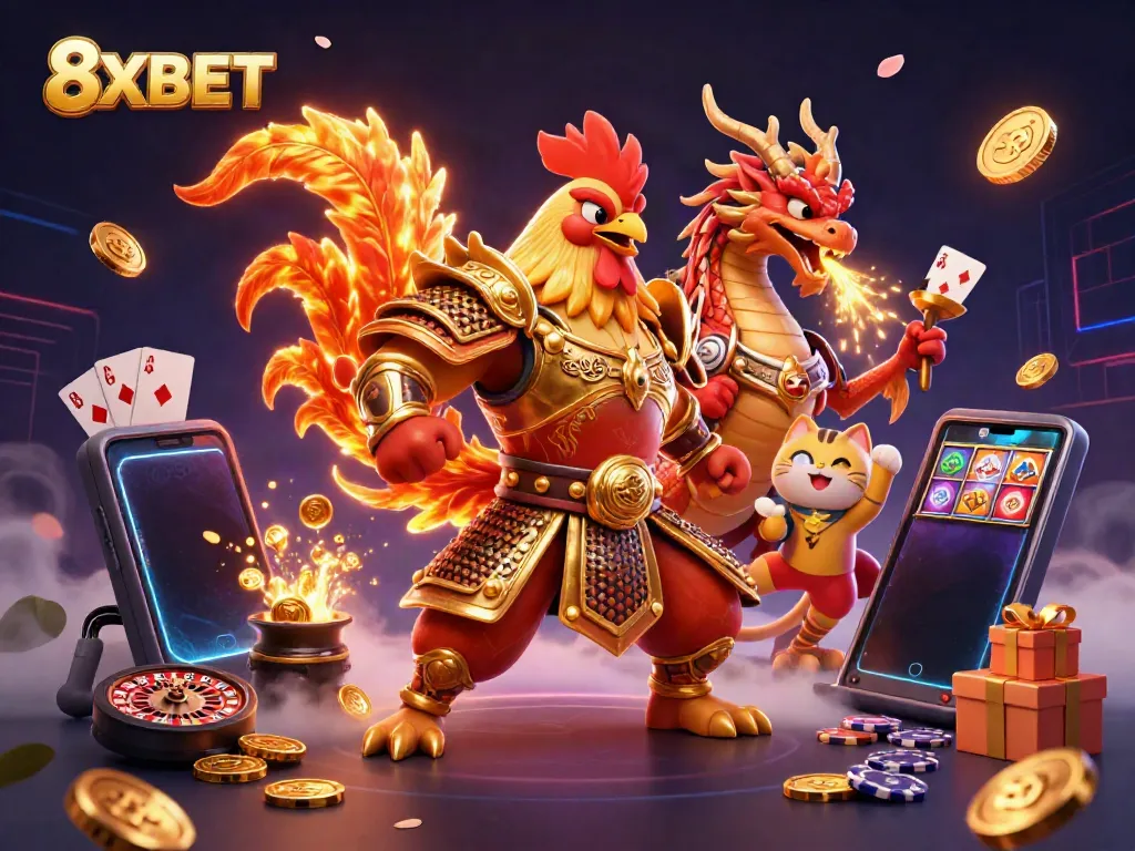 Engage with 8XBET's vibrant casino world featuring a courageous rooster, dragon, and fortune cat.