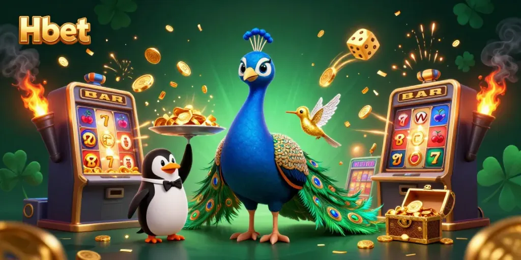 Experience Hbet's exciting gaming extravaganza with an aristocratic peacock, a butler penguin, and a golden hummingbird amidst slot machines and dazzling casino elements.