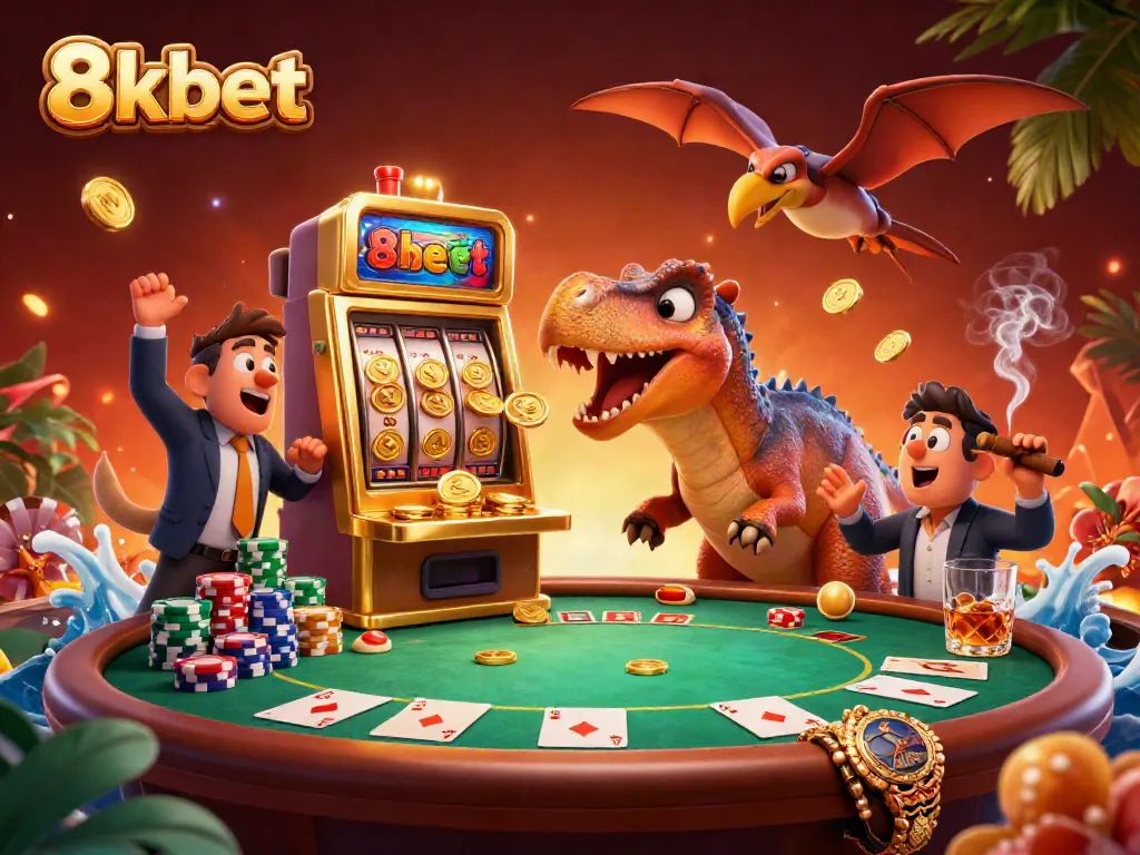 Experience the thrill of 8xbet with a cartoon pachycephalosaurus winning jackpot coins at a casino!