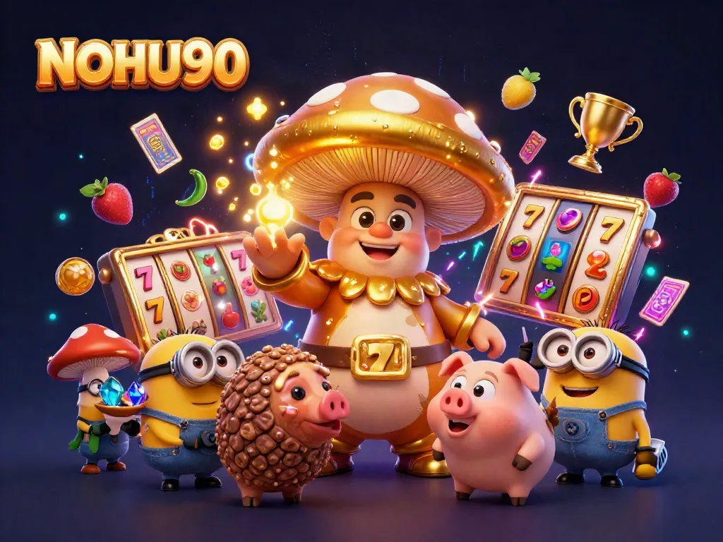 Experience the magic of NOHU90 with a vibrant 3D illustration of a golden mushroom wizard and gameplay elements.