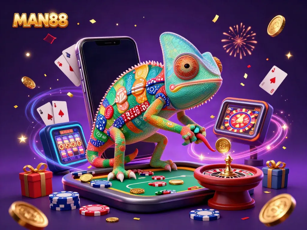 Engage in thrilling gameplay with MAN88, featuring a colorful 3D chameleon casino owner and exciting game elements.