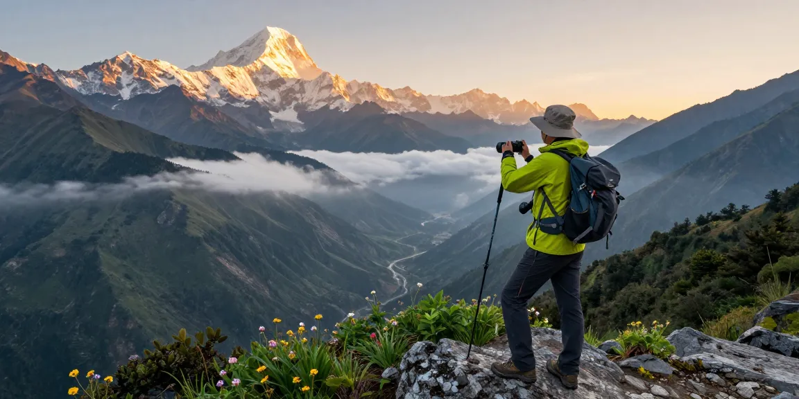 Manaslu Circuit Trek traveler at scenic viewpoint, backpack and poles in hand, overlooking majestic mountains during sunrise.
