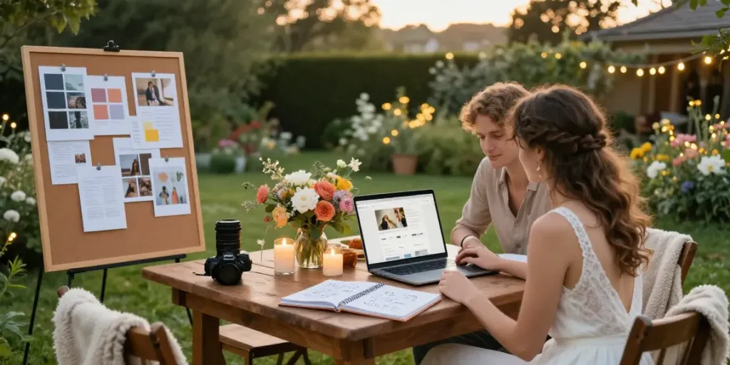 Couple discussing wedding planning tips outdoors with mood boards and flowers.