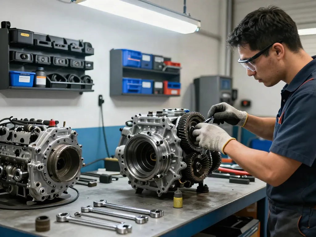 Mechanic inspecting a CD009 transmission in a busy automotive workshop, showcasing quality control.