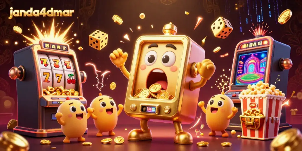 JANDA4DMAR menghadirkan mesin slot kartun emas yang mengejutkan saat momen jackpot dengan koin jatuh, menggambarkan keseruan permainan.
