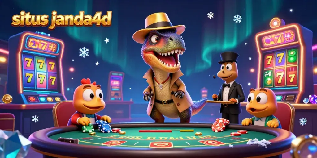 Menangkan jackpot di situs janda4d dengan ilustrasi kasino penuh warna dan karakter menarik yang beraksi di meja blackjack.
