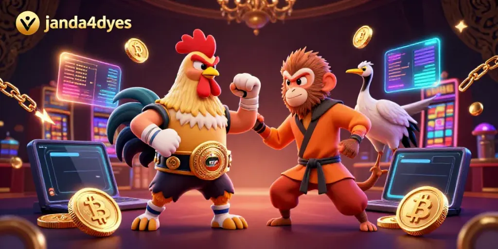 Menangkan taruhan dengan janda4dyes: ilustrasi 3D warna-warni ayam Muay Thai dan kera Shaolin di kasino.
