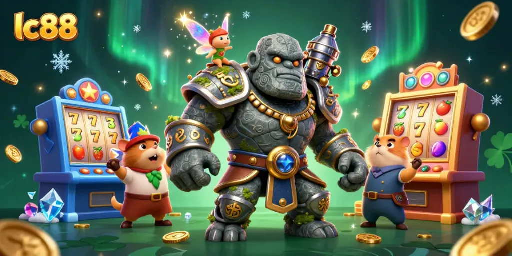 Play exciting slot games with lc88 while a magical golem and fairy create a captivating atmosphere.