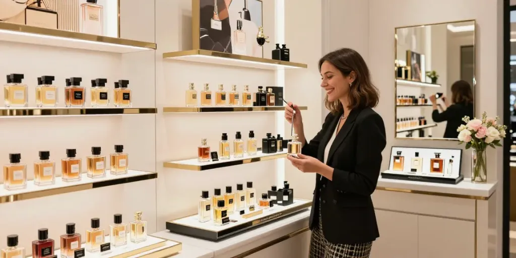 Интерьер Parfum Gallery с оригинальными ароматами, покупатель пробует парфюм.