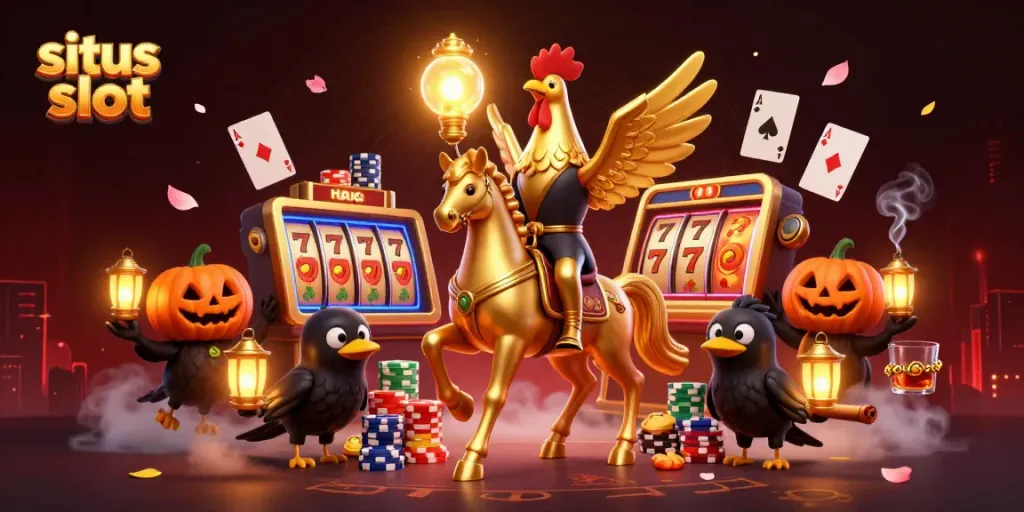 Menyaksikan permainan situs slot dengan jackpot cemerlang dan karakter menarik di kasino malam.