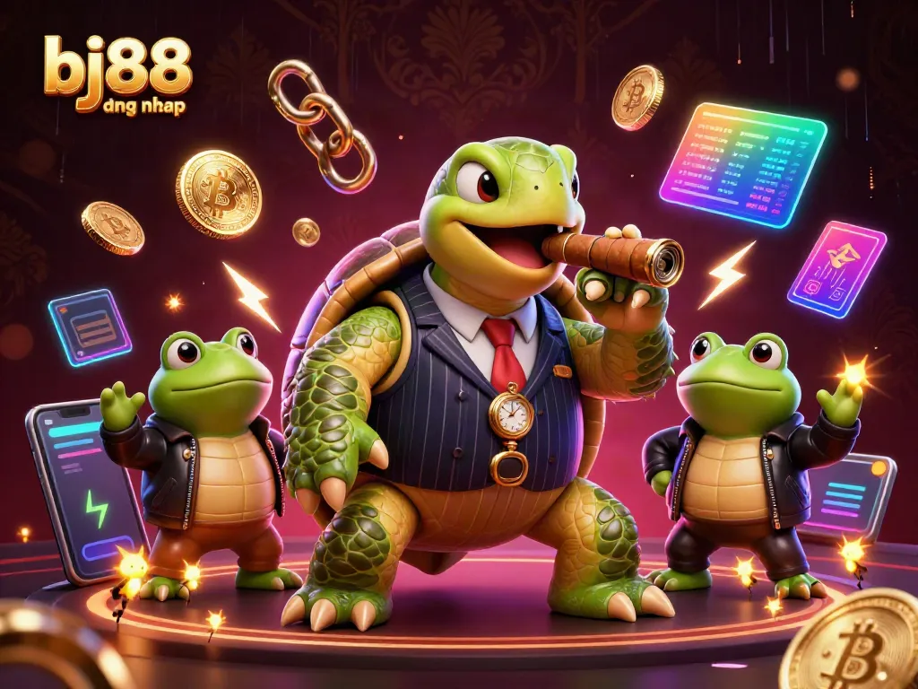 Engage with BJ88 dang nhap featuring a cartoon snapping turtle in a casino scene with crypto elements