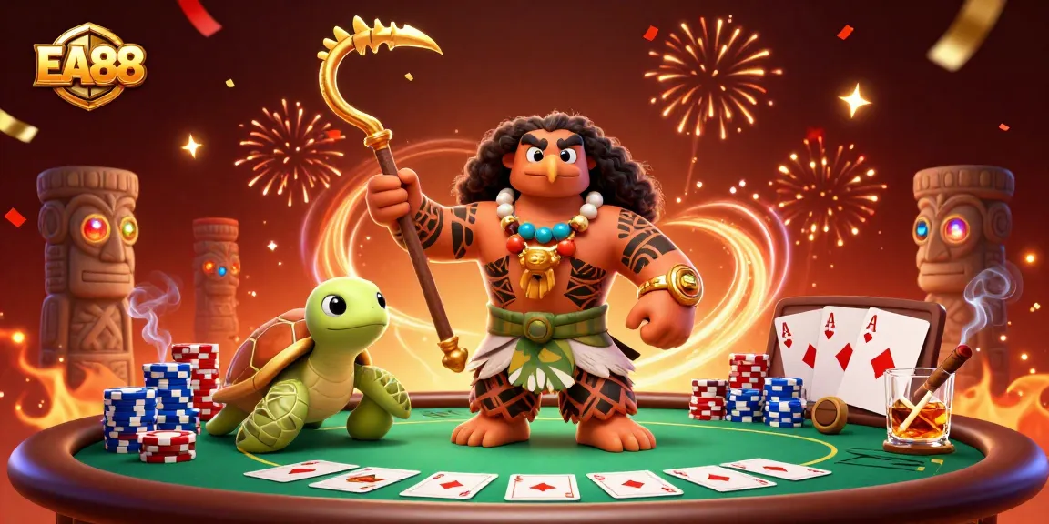 Engaging EA88 gameplay with stunning 3D demigod characters at a vibrant poker table.