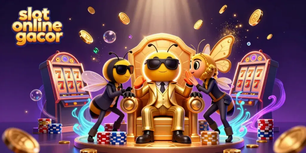 Engaging scene of slot online gacor with characters in a vibrant casino setting, showcasing dynamic slot machine reels and colorful game elements.