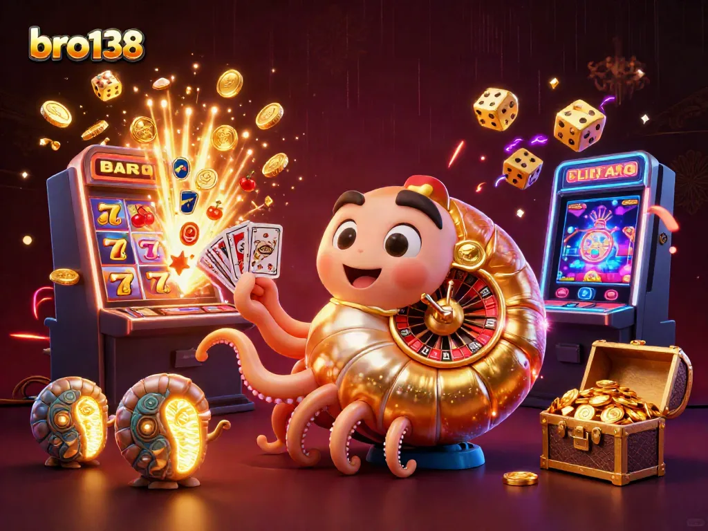 Experience the excitement of bro138 with a giant nautilus holding cards among a jackpot burst in this vibrant casino scene.