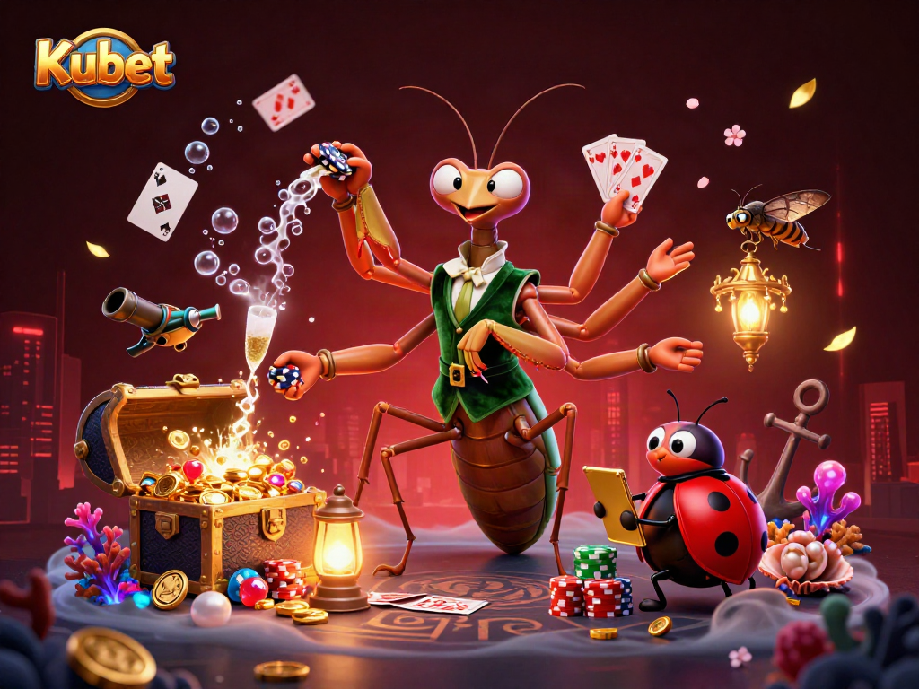 Kubet gaming scene showcasing a giant mantis dealer, ladybug pit boss, and underwater treasures.