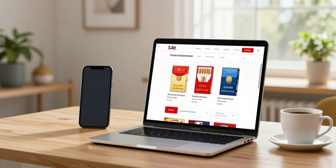 Explore cheap cigarettes online Australia on a modern e-commerce laptop with attractive cigarette packs displayed.