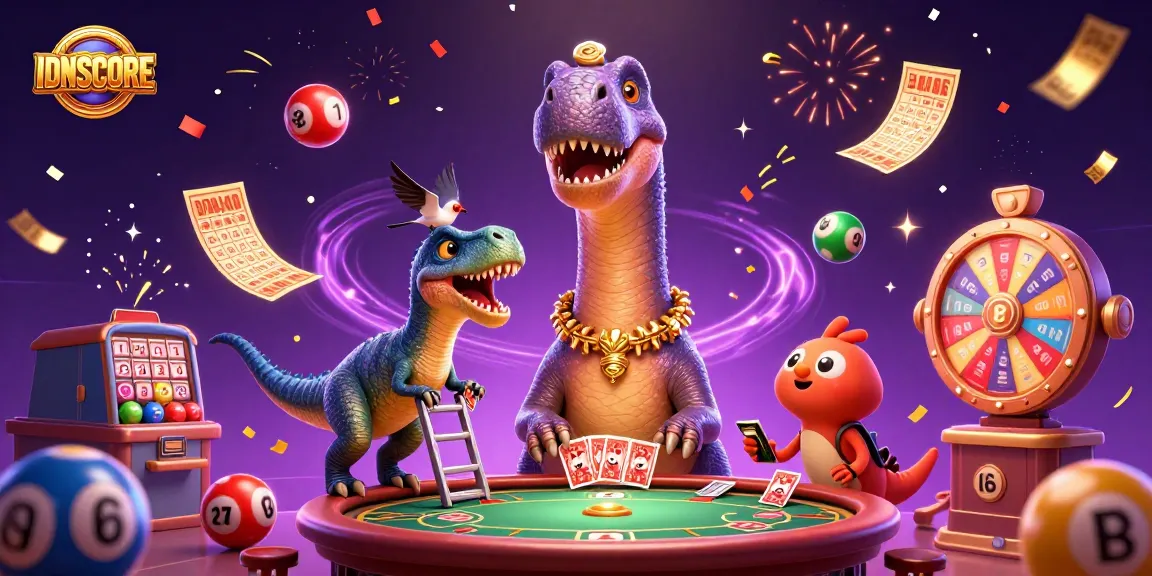 IDNSCORE illustrates a vibrant casino scene with a giant brontosaurus, lively game elements, and dynamic energy.