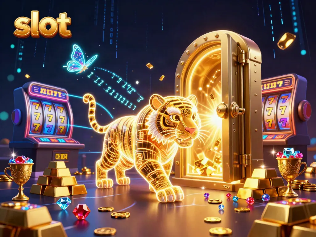 Interact with slot machines in a vibrant digital casino filled with gold and jewels.