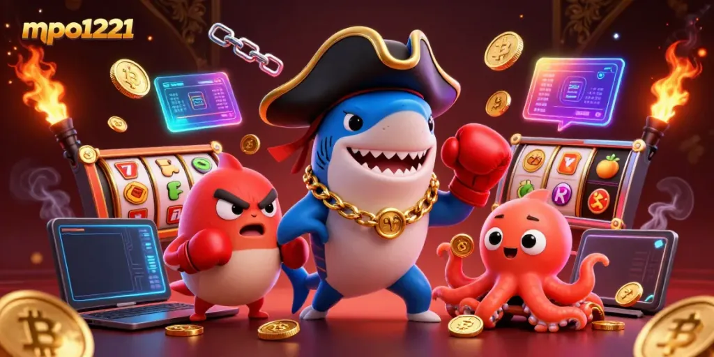 Engage in mpo1221's vibrant, action-packed slot world with colorful 3D characters and crypto coins.