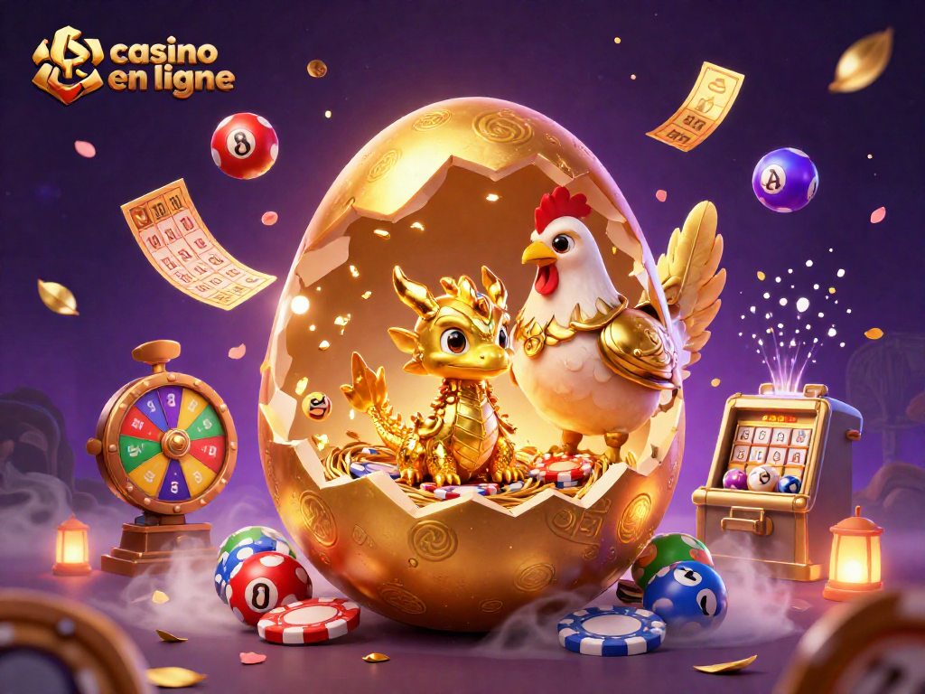 Des jeux captivants au casino en ligne avec un dragon doré, des jetons de poker et des éléments dynamiques.