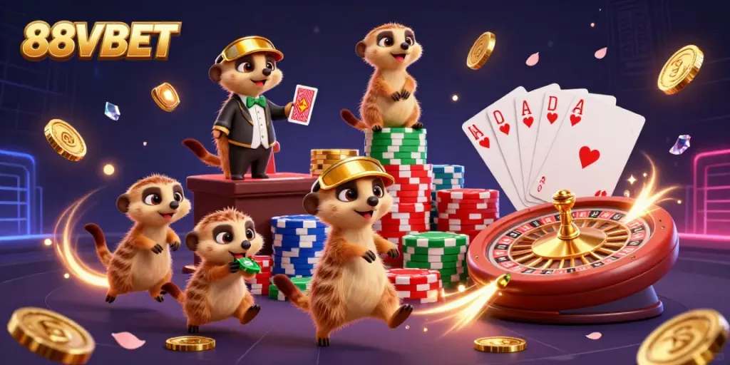 Engage in the excitement of 88VBET’s casino universe with meerkats running thrilling games surrounded by golden coins and gems.