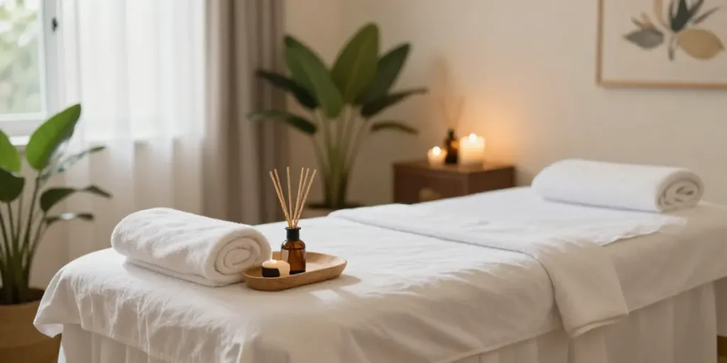 General Spa Service treatment room with calming ambiance and essential oils.