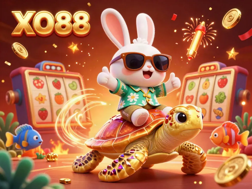 Experience winning moments with XO88 in a vibrant casino-themed illustration featuring a lucky rabbit and golden turtle.