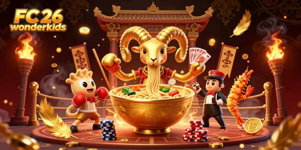 Engaging illustration showcasing FC 26 wonderkids in a gambling-themed dynamic scene filled with colorful characters and game elements.
