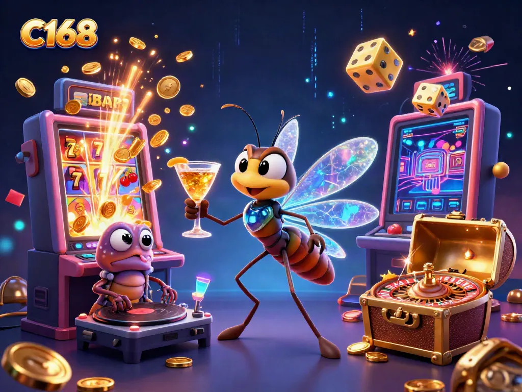 C168 casino illustration featuring a frozen mosquito mascot, trilobite DJ, and golden roulette.