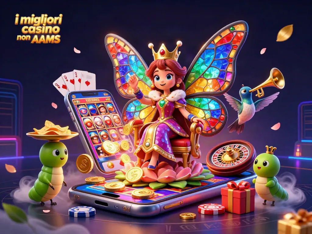 I migliori casino non AAMS presentati in un'illustrazione 3D ricca di dettagli, con personaggi animati e altri elementi da gioco.