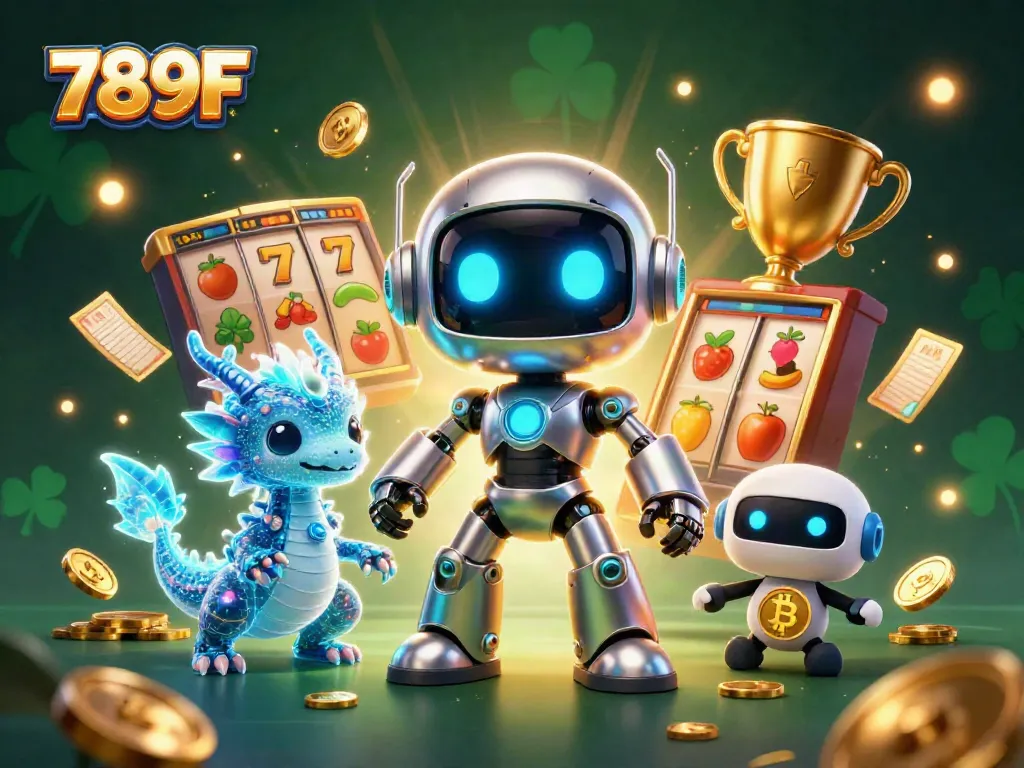 Experience thrilling gaming with 789F through a vibrant, high-tech casino scene filled with slots and excitement.