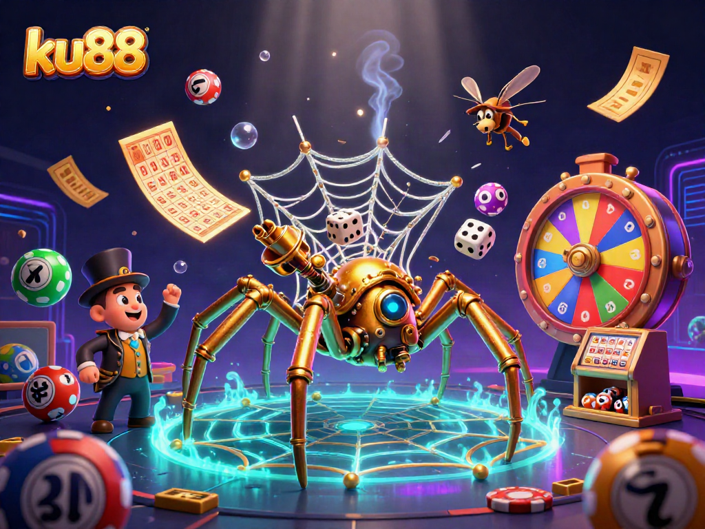 ku88 showcases a vibrant 3D steampunk-themed casino scene with engaging gaming elements.