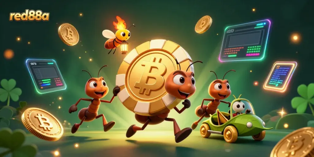 Engage with thrilling games at red88a, where 3D ants race with a golden poker chip in a vibrant casino adventure.