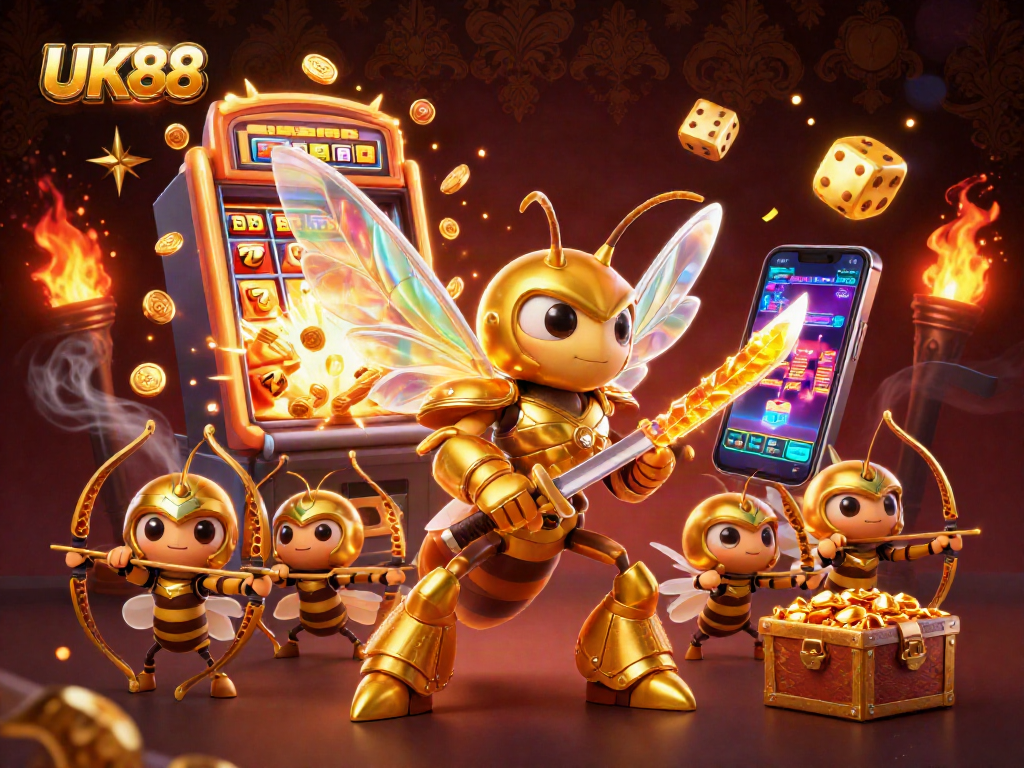 Engage with UK88's slots through a dynamic illustration featuring golden hornets and jackpot elements.