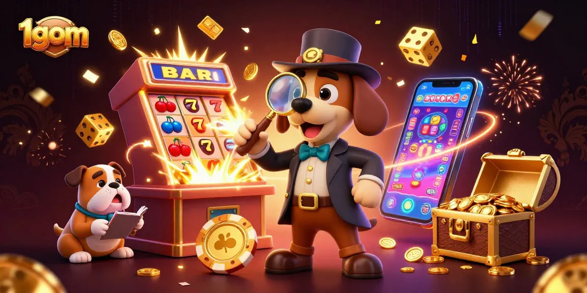 1gom showcases a captivating 3D scene with a detective and bulldog exploring clues amid jackpot elements, enhancing your betting experience.