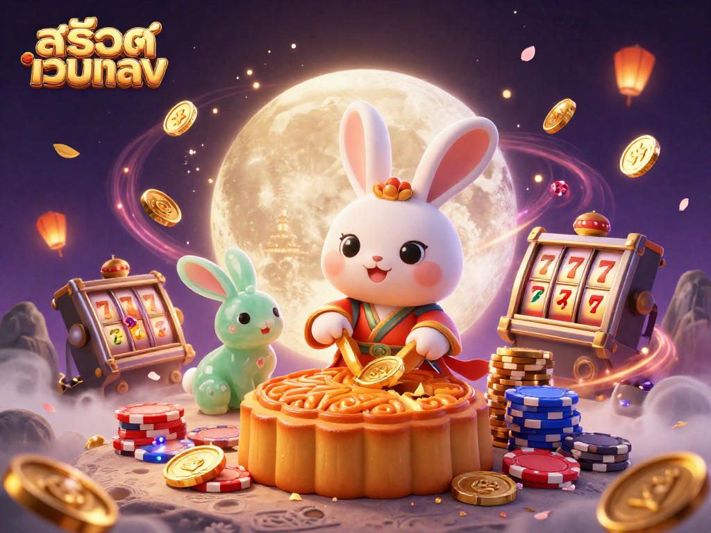 Experience the thrill of สล็อตเว็บตรง with a dynamic 3D scene featuring moon rabbits and casino elements.