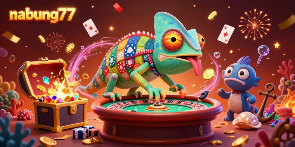 Experience the vibrant energy of nabung77 with a colorful chameleon casino owner in action.