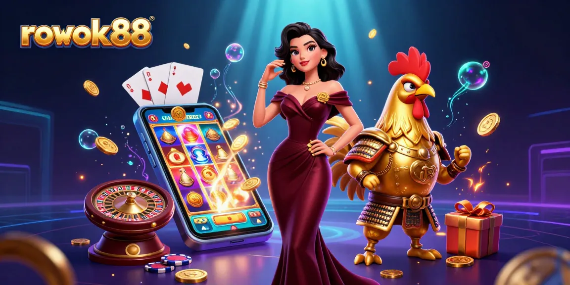 Experience thrilling action with rokok88 featuring a glamorous woman and a golden rooster warrior in a vibrant casino scene.