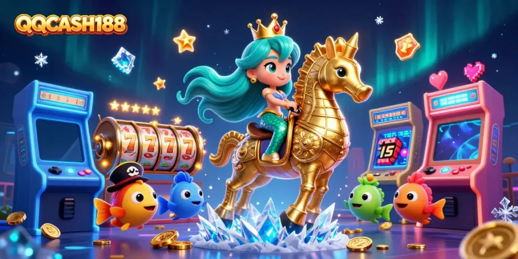 Experience the thrill of QQCASH188 with our enchanting mermaid and giant seahorse amidst colorful game elements.