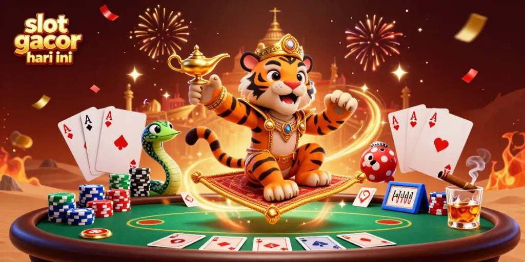 Slot gacor hari ini, sultan harimau dan ular genies bermain di meja poker yang dikelilingi chip berwarna-warni.