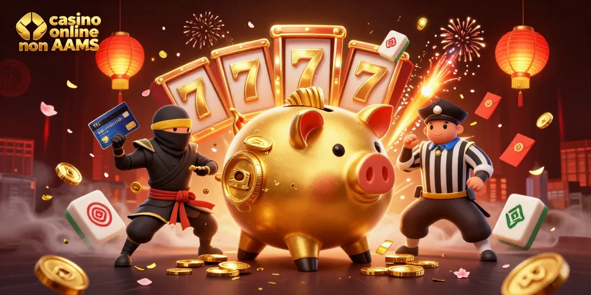 Casinò online non AAMS: un'immagine dinamica con un sommozzatore di maiali dorati, un ninja e un samurai in una scena di gioco.