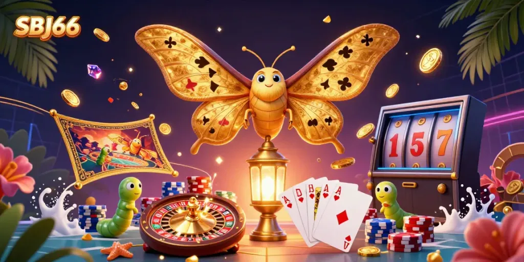 Win big at SBJ66 Casino with colorful slots, card games, and roulette in a packed and vibrant scene.