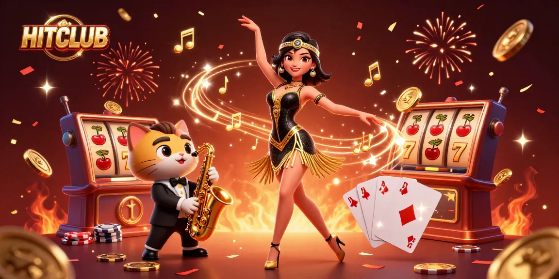 Engage with HITCLUB through this vibrant casino scene featuring 3D characters and games.