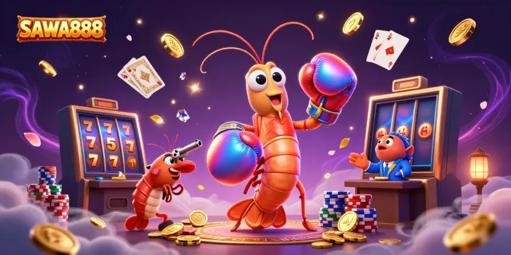 Experience the vibrant gaming world of SAWA888 with dynamic scene of cartoon mantis shrimp and dazzling casino elements.