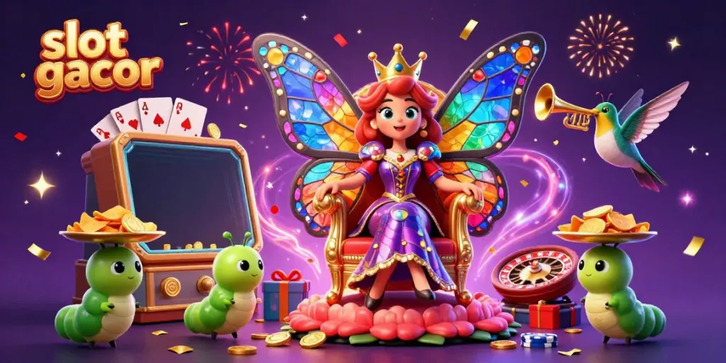Engage with the vibrant world of slot gacor featuring a butterfly queen in a dazzling casino scene.