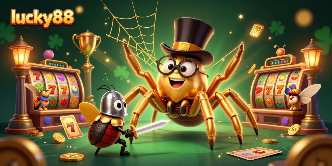 Engage with lucky88 as a giant golden tarantula weaves golden webs at a vibrant casino, surrounded by playful game elements.