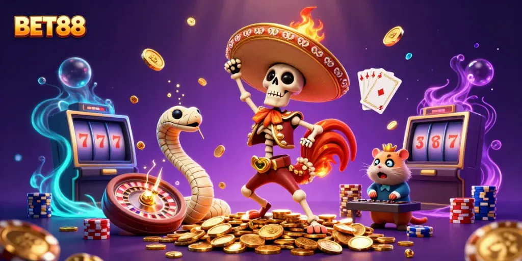 BET88 presents a lively casino scene with vibrant characters celebrating big wins amidst golden coins and sparkling gems.