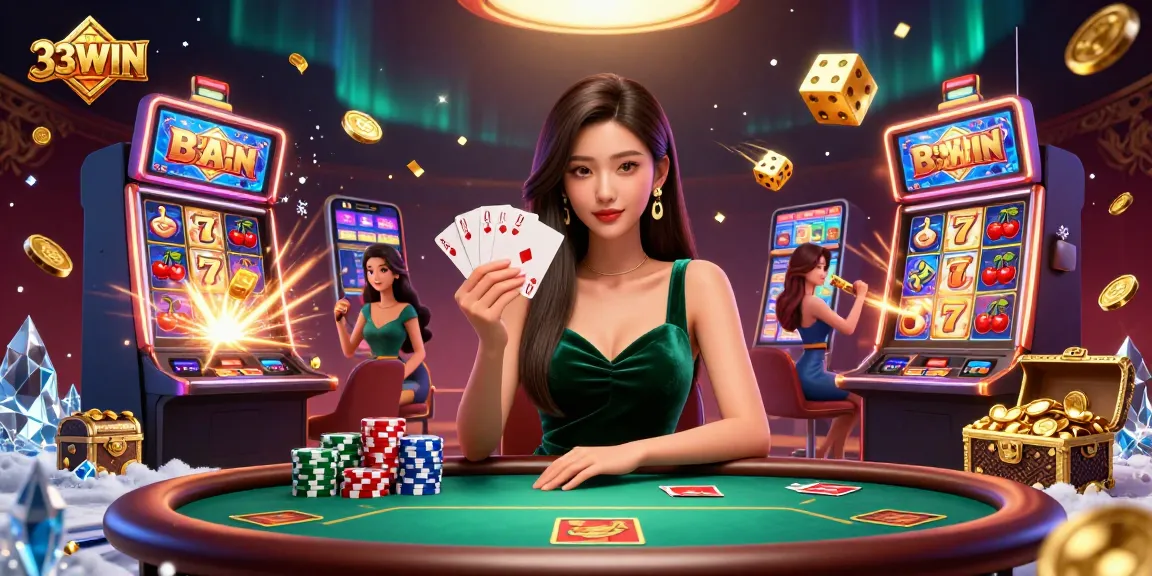 Experience excitement with 33WIN at a luxury poker table featuring vibrant casino elements and a focused player.